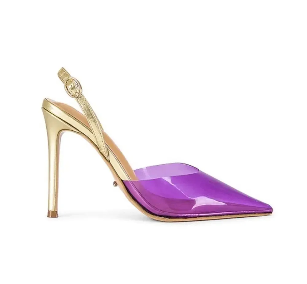 Tony Bianco Lazer Heel Purple Vinylite Gold PVC Slingback Pointed Toe Size 8